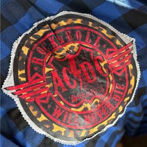 AC/DC Rock Band Patch Blue Plaid Shirt